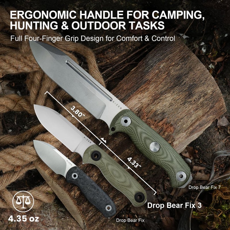 KIZER Drop Bear Fix 3 Fixed Blade Knife, 3.8" 14C28N Blade EDC Camping Knife with Green Micarta Handle, Small Hunting Knives with Sheath, Outdoor Survival Knives with Pocket Clip and Lanyard, 1101A2 - Image 2